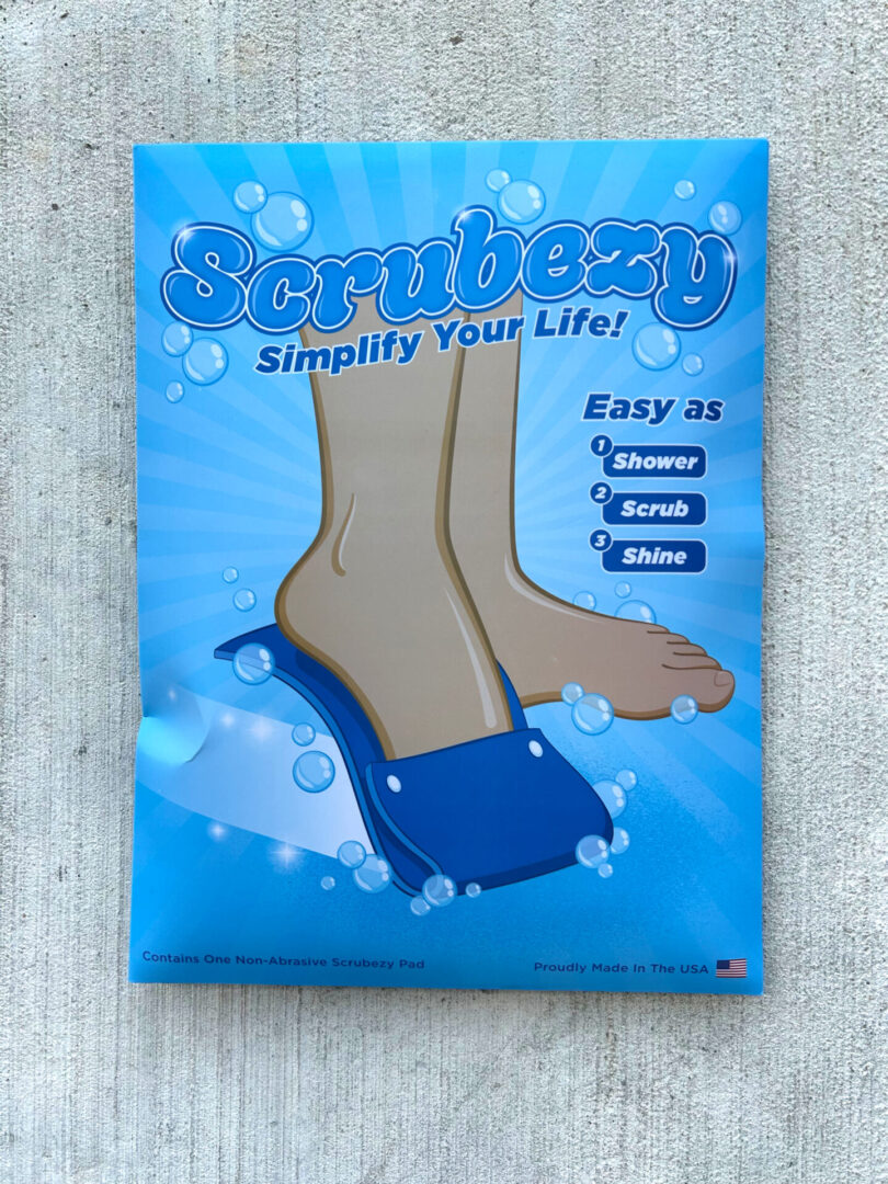 Foot scrubber product packaging with cleaning instructions.